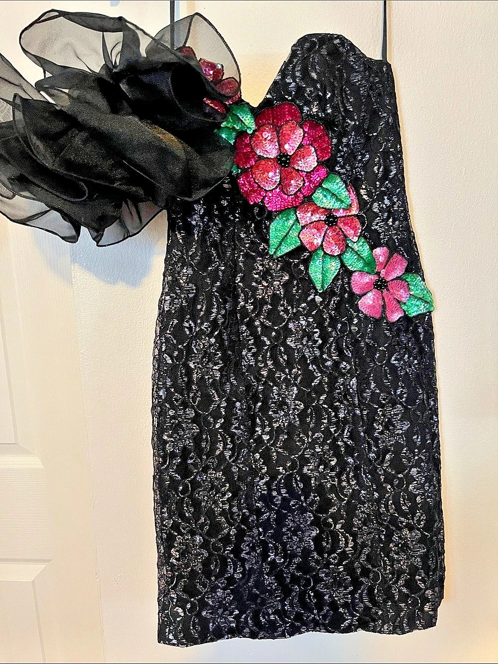Black Floral Embellished Mini Dress Like 80s Vintage Dress.
